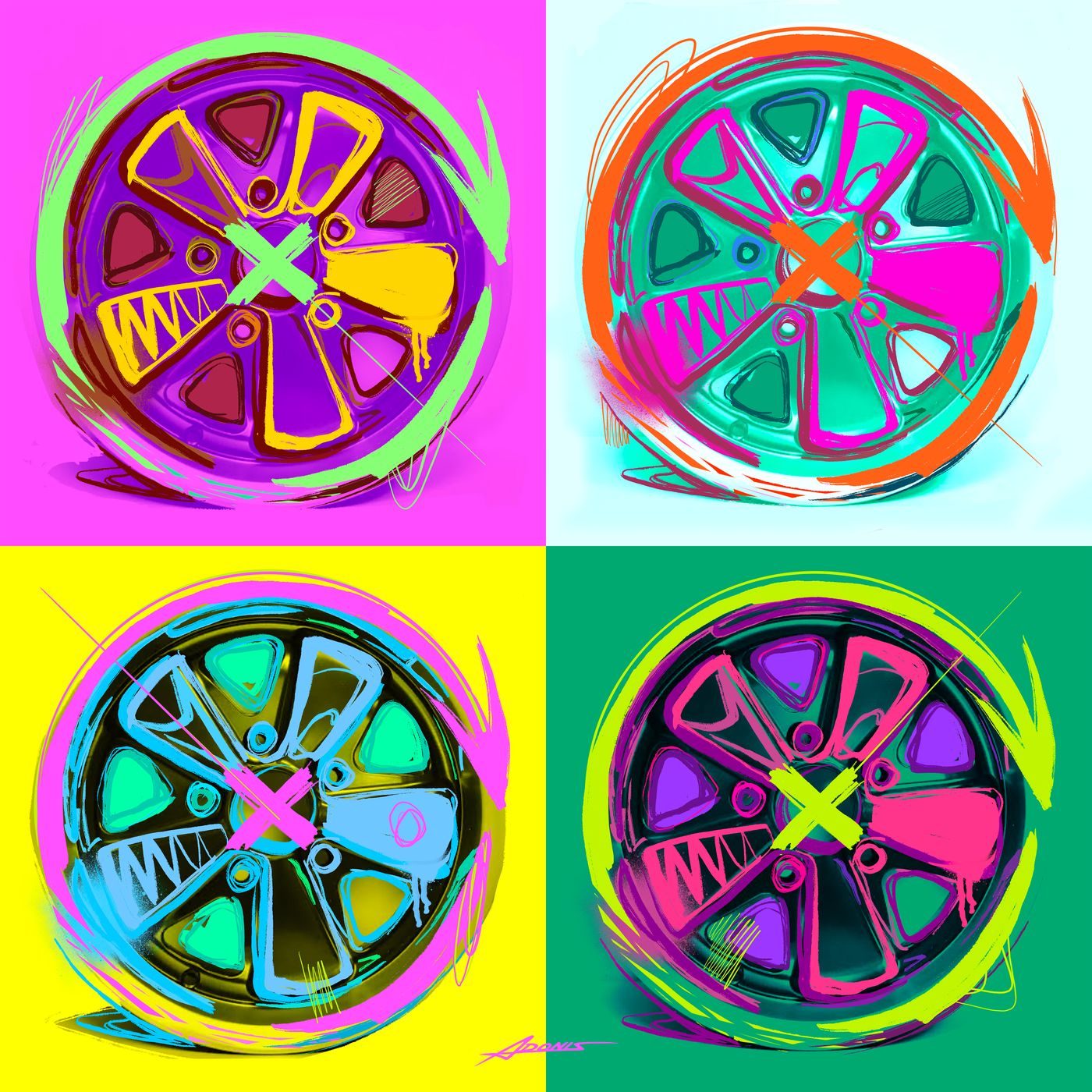 Four-panel pop-art study of a five-spoke alloy wheel