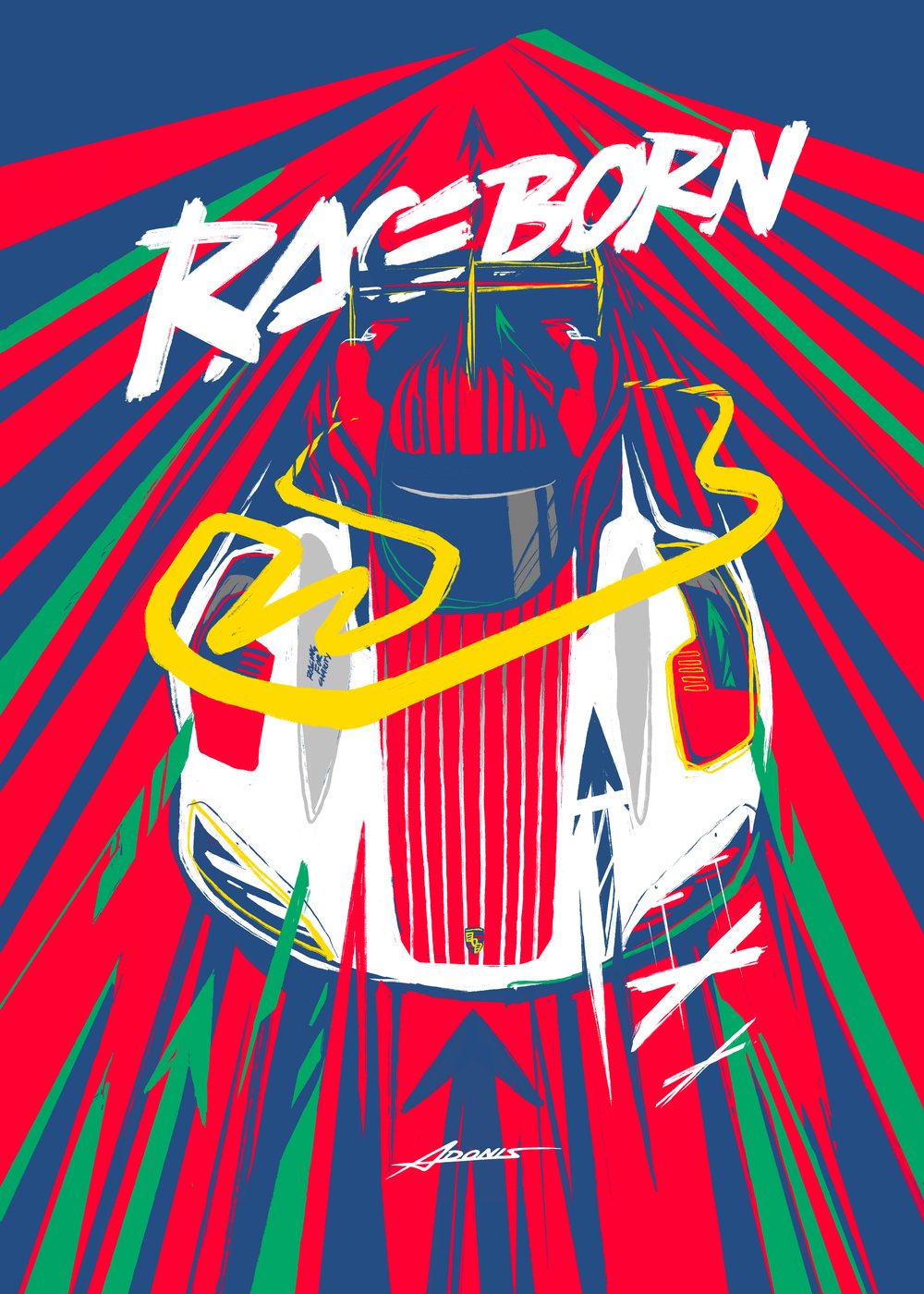 Brush-drawn race car on a red and blue sunburst, titled Raceborn