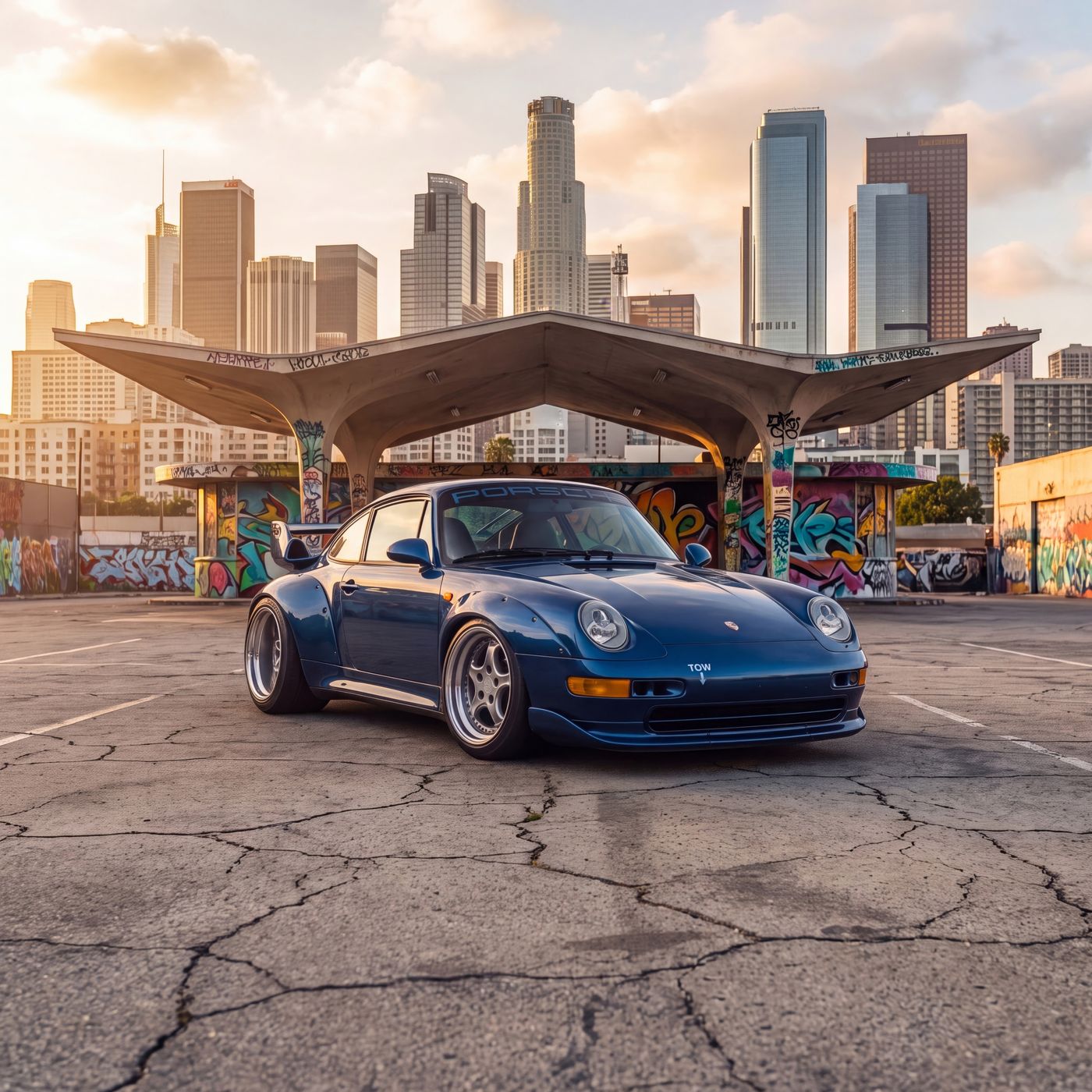 Air-cooled 911 at an abandoned filling station on a sunlit city forecourt