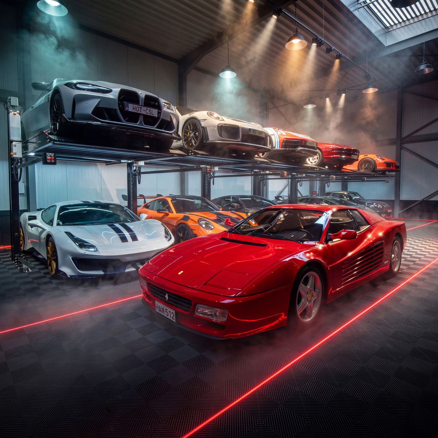 Private collection under red light, a Ferrari on the front floor