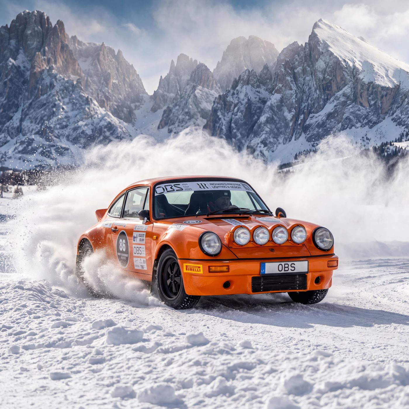 Orange rally 911 sliding through snow below the Dolomites, interlaced in 3D depth